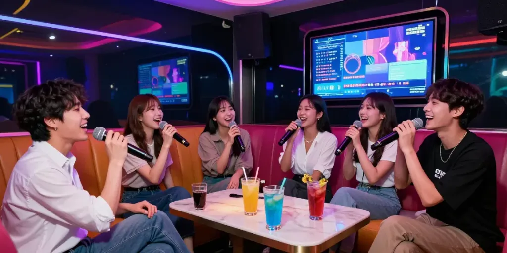 강남달토에서 친구들과 함께 노래 부르는 즐거운 모습과 화려한 조명