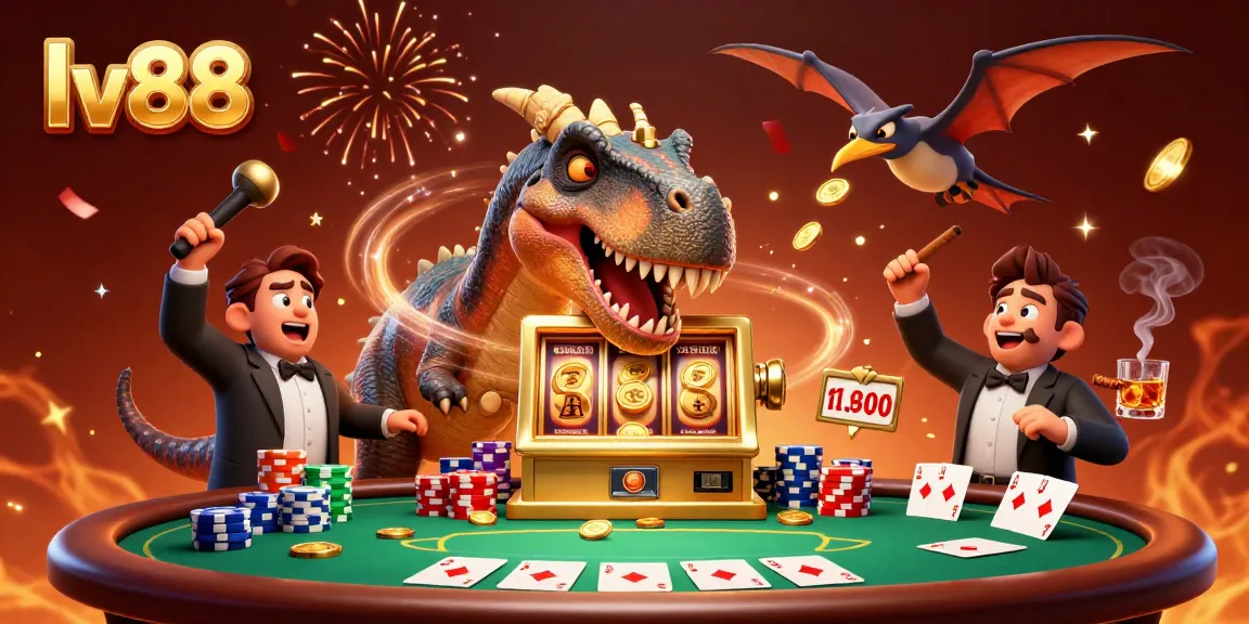 lv88 features a dinosaur winning jackpot coins at a vibrant casino scene filled with action