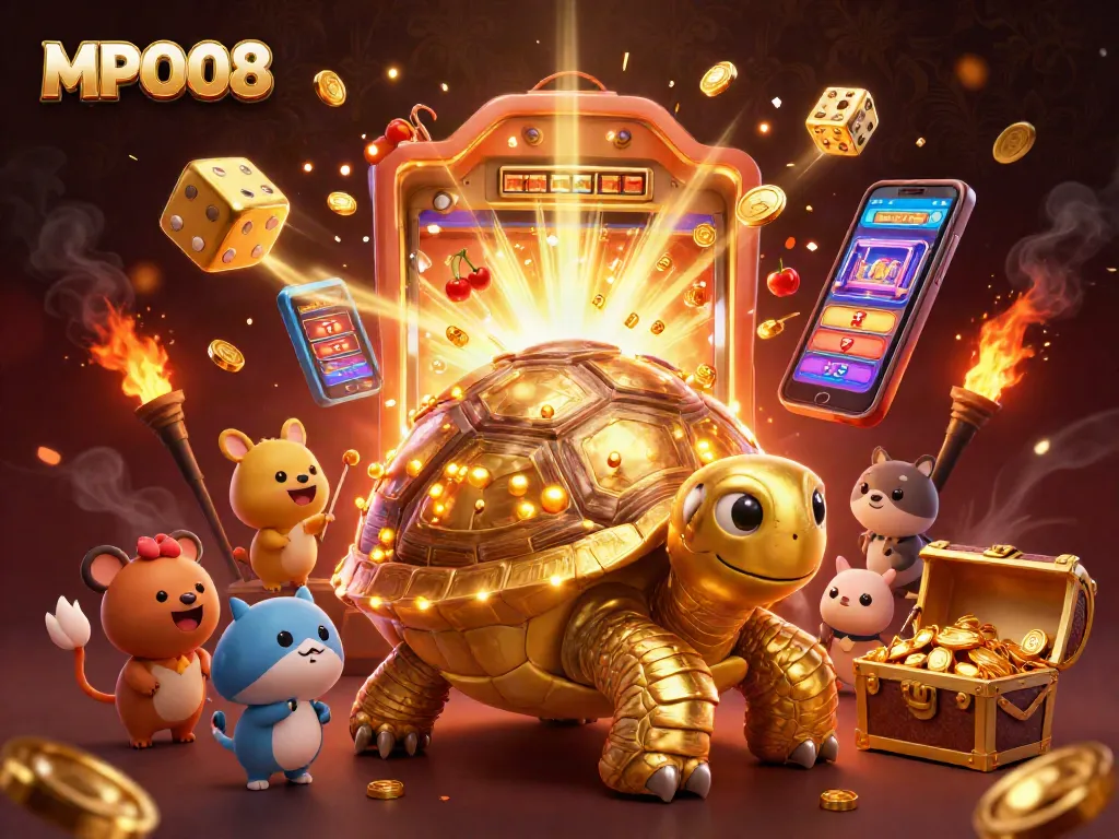 MPO08 showcases an engaging gaming experience with a vibrant, cartoon-style depiction of a colossal golden tortoise and dynamic casino elements.