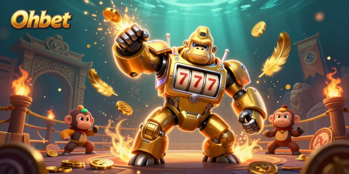 Oxbet golden gorilla mech in an intense casino battle scene with dynamic elements.
