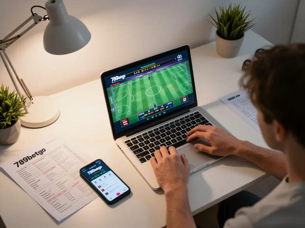 Player using 789betgo app for live sports betting in a cozy home setup.