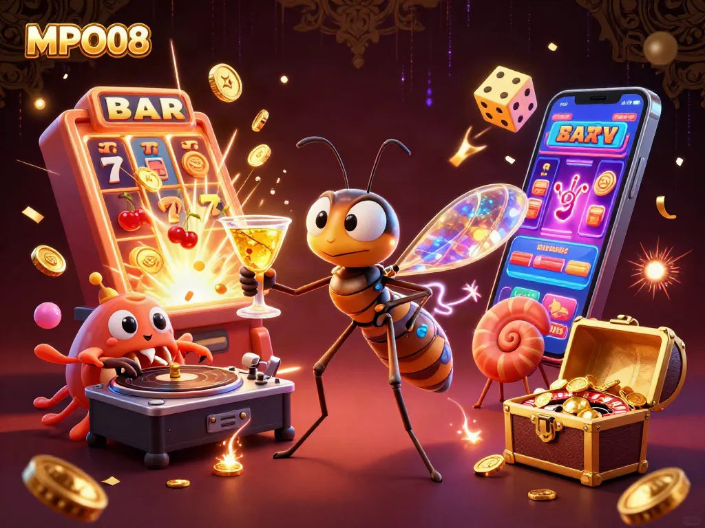 MPO08 casino illustration featuring a frozen mosquito mascot and a trilobite DJ spinning among slot machines, roulette, and glowing elements