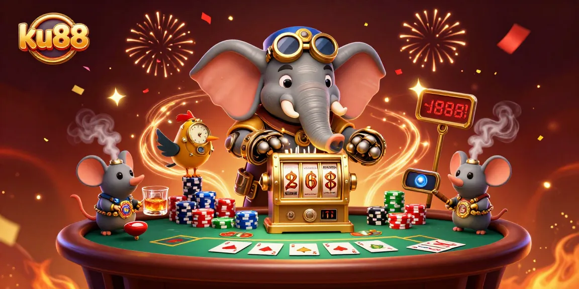 Engage with ku88's vibrant gambling scene featuring a steampunk elephant at a dynamic poker table