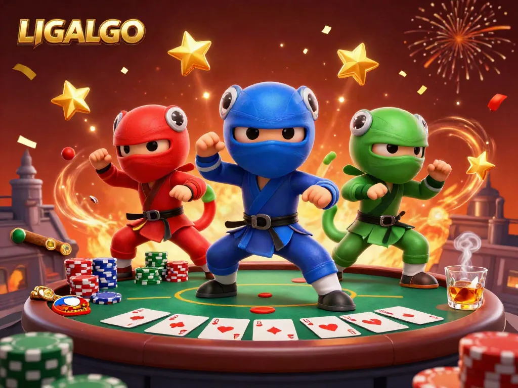 Experience LIGALGO's exciting atmosphere with ninja chameleons at a poker table, celebrating wins.