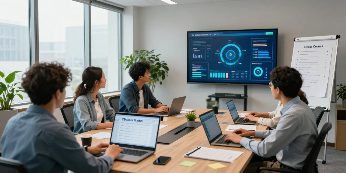 IT team collaborating over Cyber Essentials checklist in modern office setting.