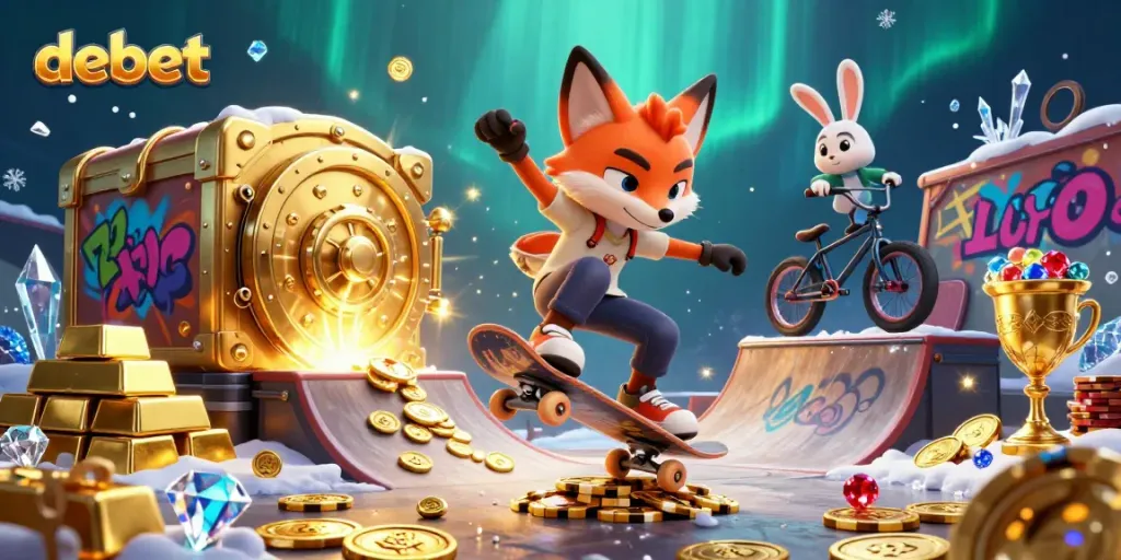 Experience the thrill of debet casino with a dynamic scene featuring a skateboarder fox and BMX rabbit in a vibrant atmosphere.