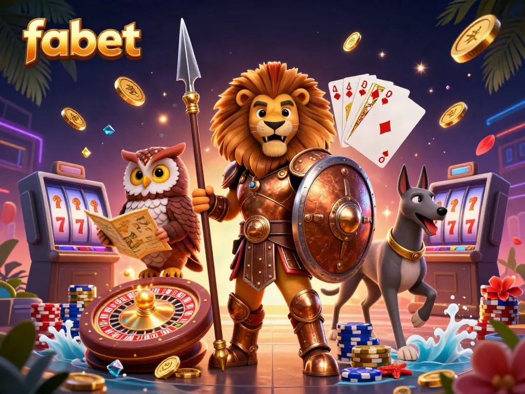Experience the excitement of fabet with a lively 3D casino scene featuring golden coins, roulette wheel, and vibrant characters.