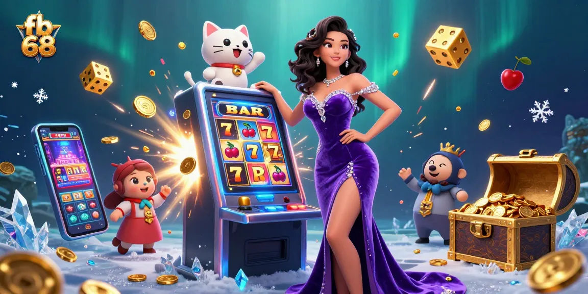 Experience the vibrant world of fb 68 with stunning visuals of a jackpot-winning slot machine and energetic characters.