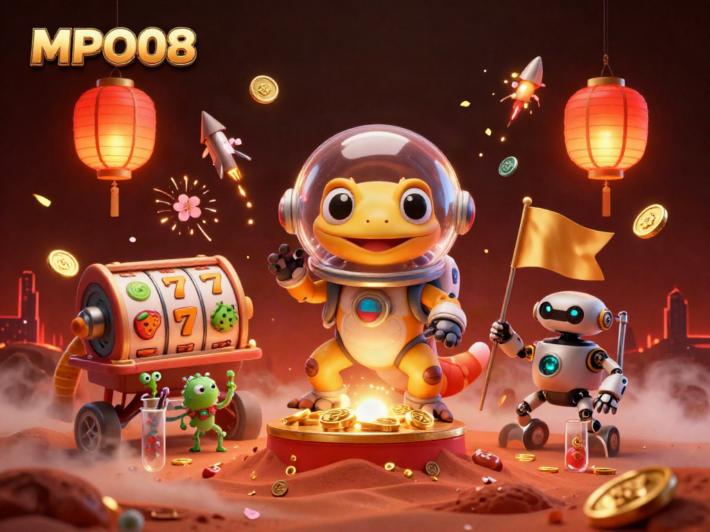 MPO08 offers a vibrant 3D illustration showcasing a Martian gecko exploring a golden casino with dynamic gaming elements.