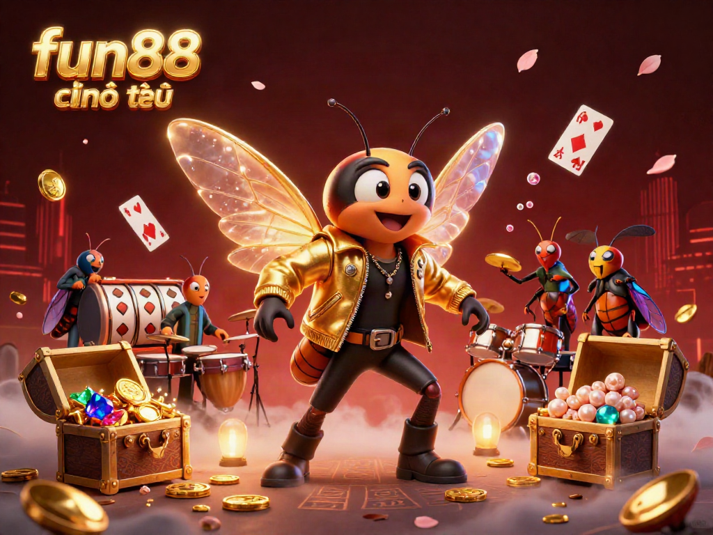 Experience fun88 chính thức with a vibrant casino scene featuring a cicada rock star and lively slot elements.