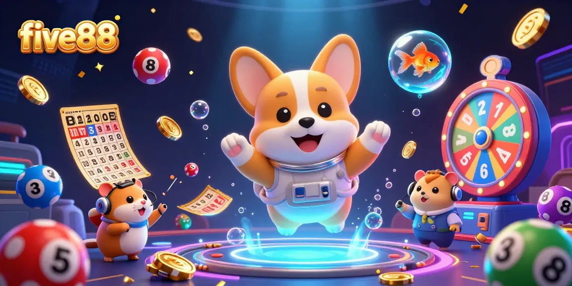 Experience the thrilling world of five88 casino as a cartoon astronaut corgi navigates a vibrant space station casino filled with floating gaming elements.