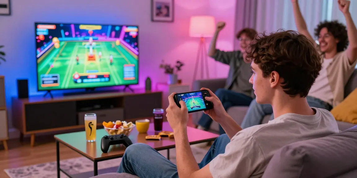 Young adult enjoying KO66 mobile gaming on couch with friends and snacks