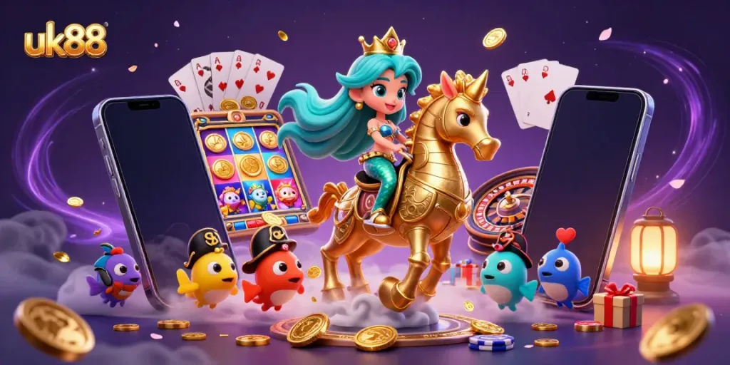 Spin to win with uk88 in this vibrant casino scene showcasing a mermaid princess, giant seahorse, and dynamic gaming elements.