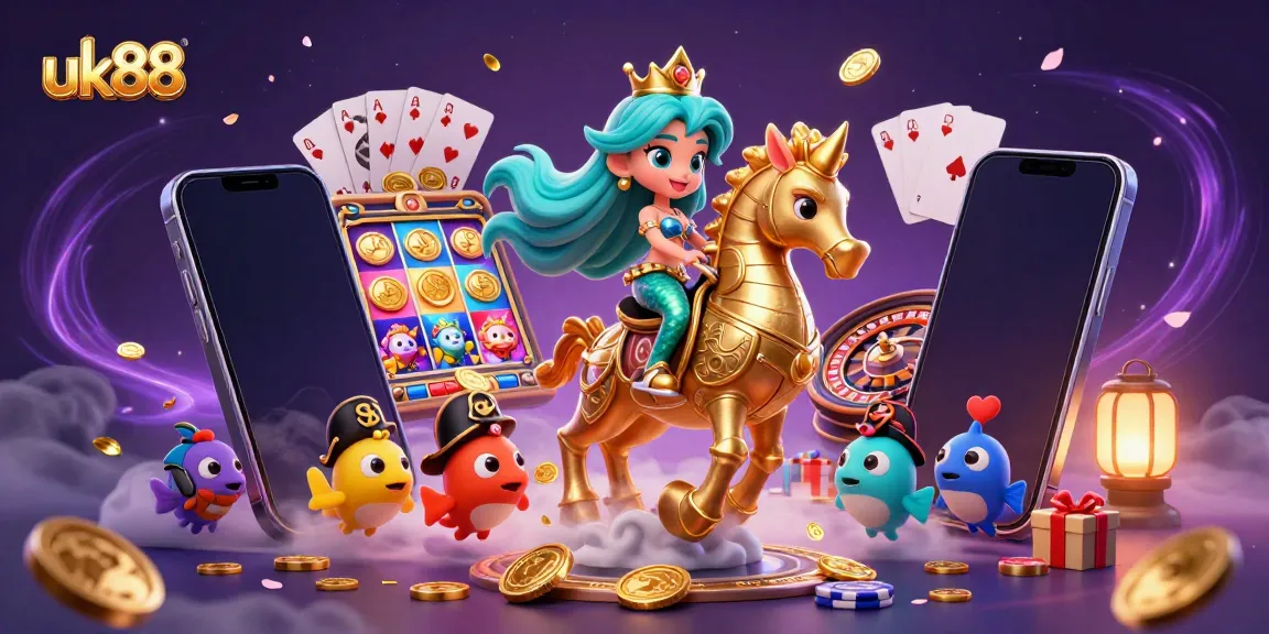Spin to win with uk88 in this vibrant casino scene showcasing a mermaid princess, giant seahorse, and dynamic gaming elements.