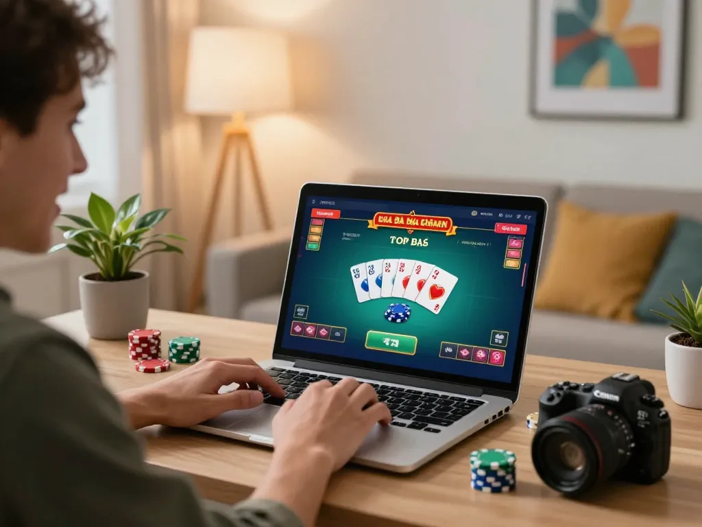Engaging in top game bài đổi thưởng online using a laptop in a modern home setting, highlighting excitement and strategy