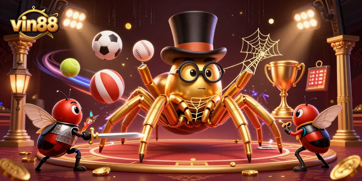 Experience the excitement of vin88 with a golden tarantula and knights in a vibrant casino scene.