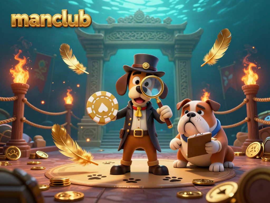 Experience the thrill at Manclub with a 3D detective unveiling treasure clues in a vibrant casino scene.