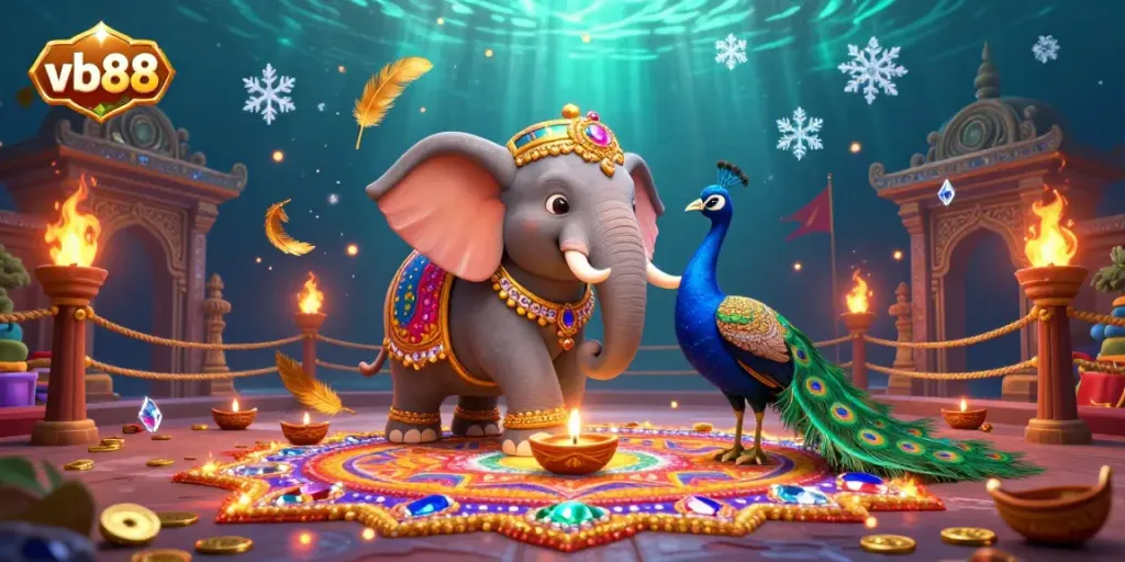 Engage in exciting gameplay at vb88 with dazzling casino experiences featuring vibrant elephant and peacock motifs.