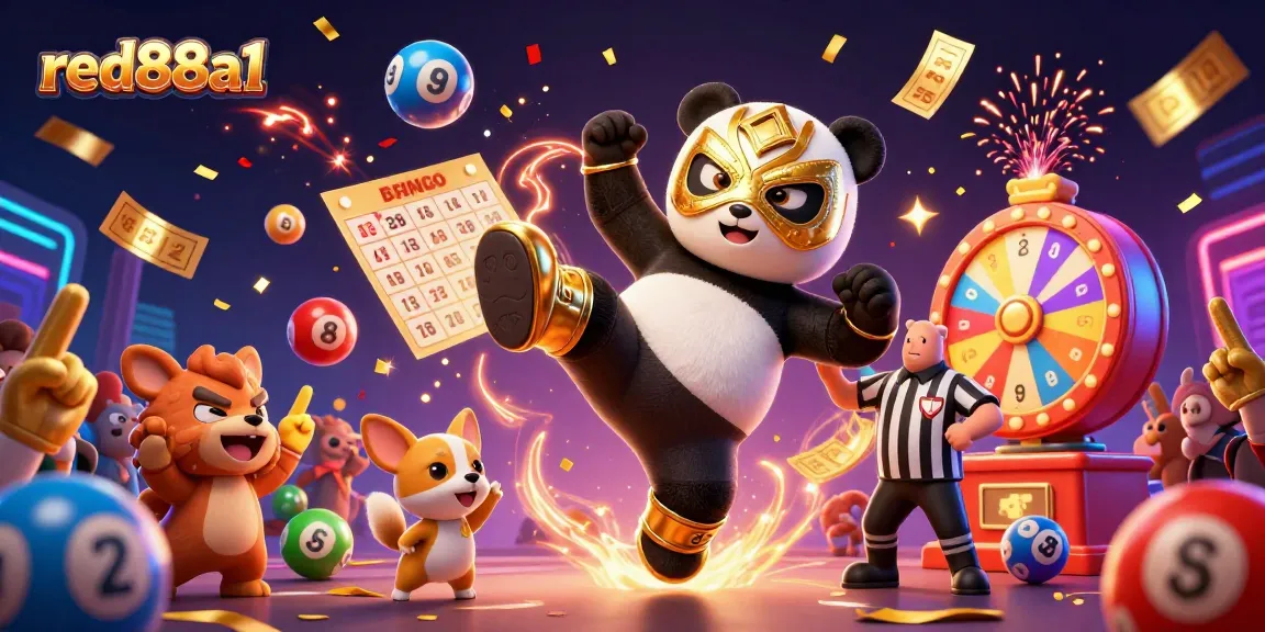 Experience thrilling action at red88a1, featuring an energetic 3D scene with a luchador panda and lively gambling elements.