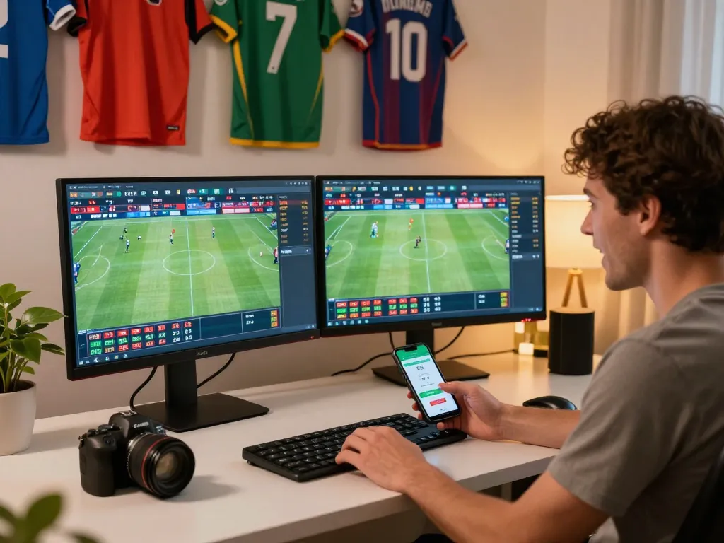 Engaging online sports betting scene showcasing weddingshopworld on dual monitors with live events and odds