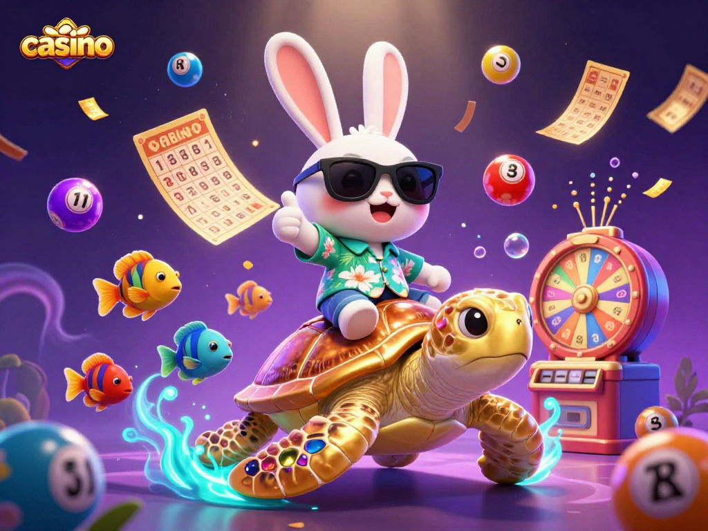 Experience the excitement of a vibrant casino with a lucky rabbit and a golden turtle.