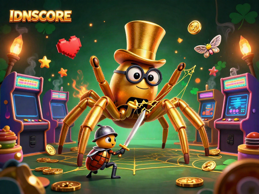 Engage with IDNSCORE as a golden tarantula weaves a web in a vibrant casino scene.