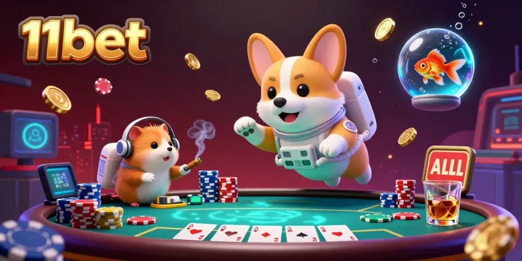 Experience the thrill of 11bet with a floating corgi in a cosmic casino adventure among poker chips and golden coins.