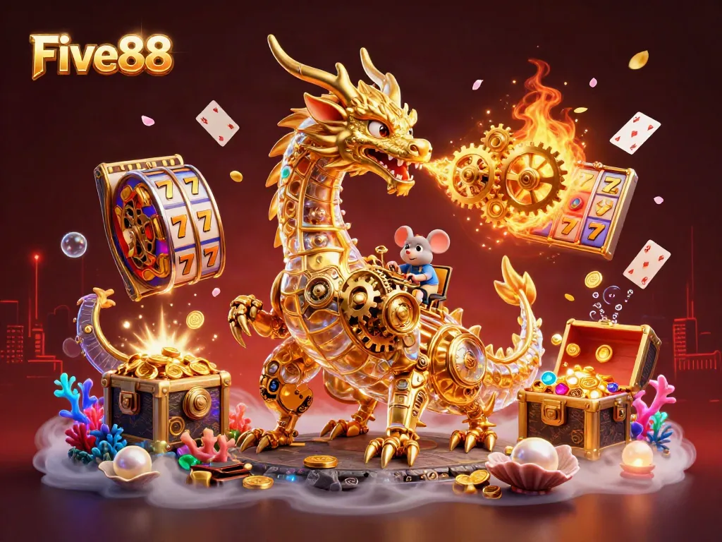 Experience thrilling gameplay at Five88 with vibrant slot reels and an enchanting dragon in a magical scene.
