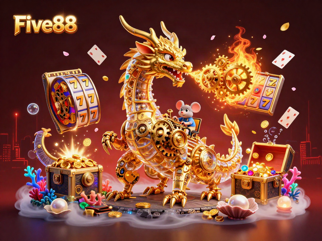 Experience thrilling gameplay at Five88 with vibrant slot reels and an enchanting dragon in a magical scene.