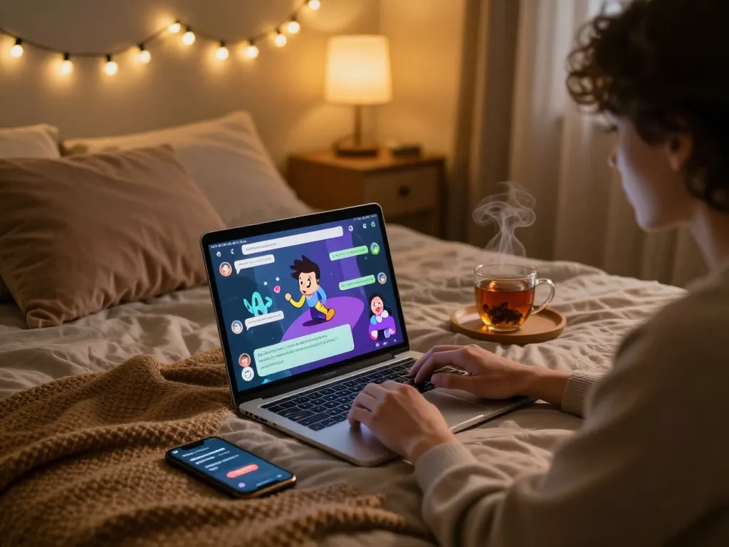 Engaging in an ai porn chat on a laptop in a cozy bedroom setting.