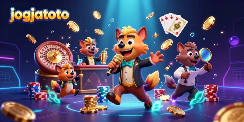 Experience the vibrant energy of jogjatoto in a 3D casino scene with hyenas enjoying comedic performances, surrounded by gaming excitement.