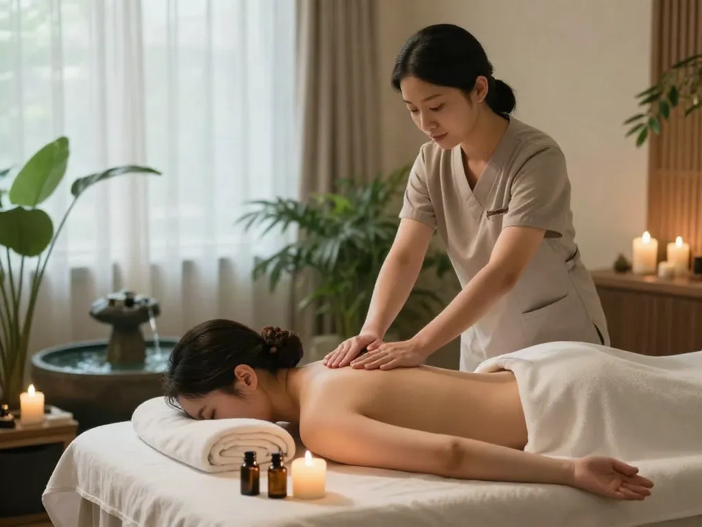 Experiencing 용인출장안마 in a tranquil spa setting with soft lighting and professional care.