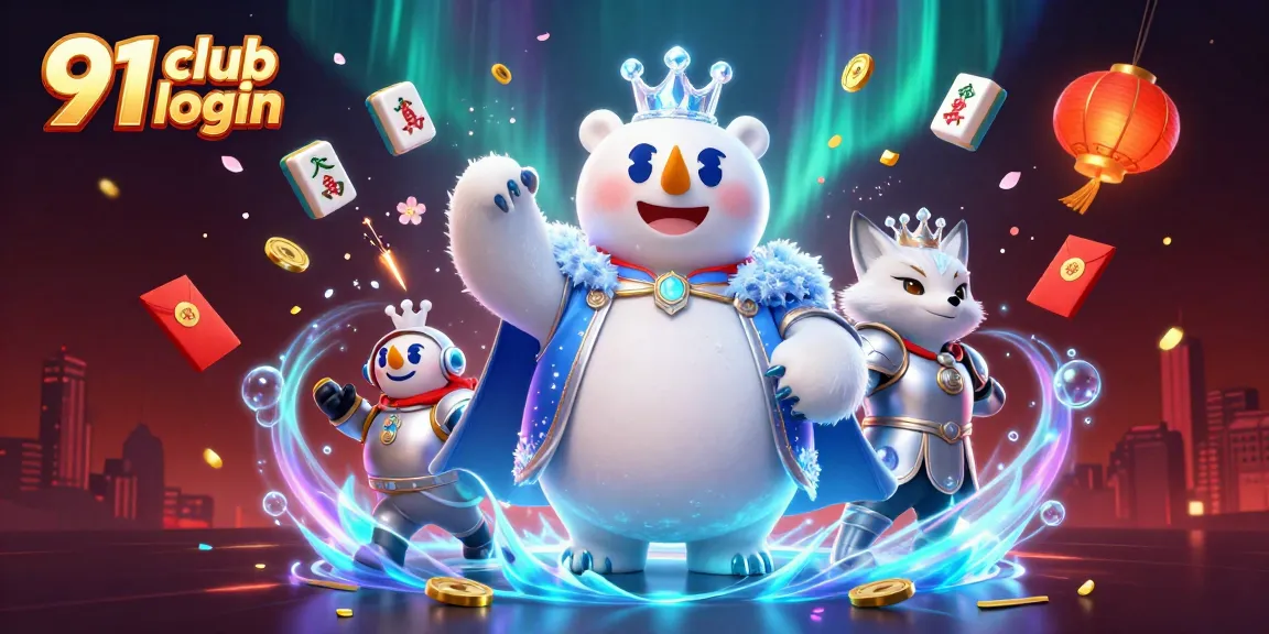 Experience the excitement of 91 club login with a vibrant 3D illustration depicting a polar bear king and gaming elements.