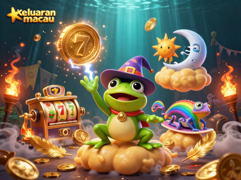 Engage with keluaran macau results, a powerful storm of winning coins and vibrant characters in a casino scene.