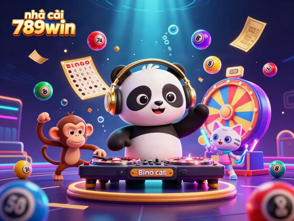 Engage with house games at nhà cái 789win featuring a vibrant DJ panda and lively characters in a colorful casino scene.
