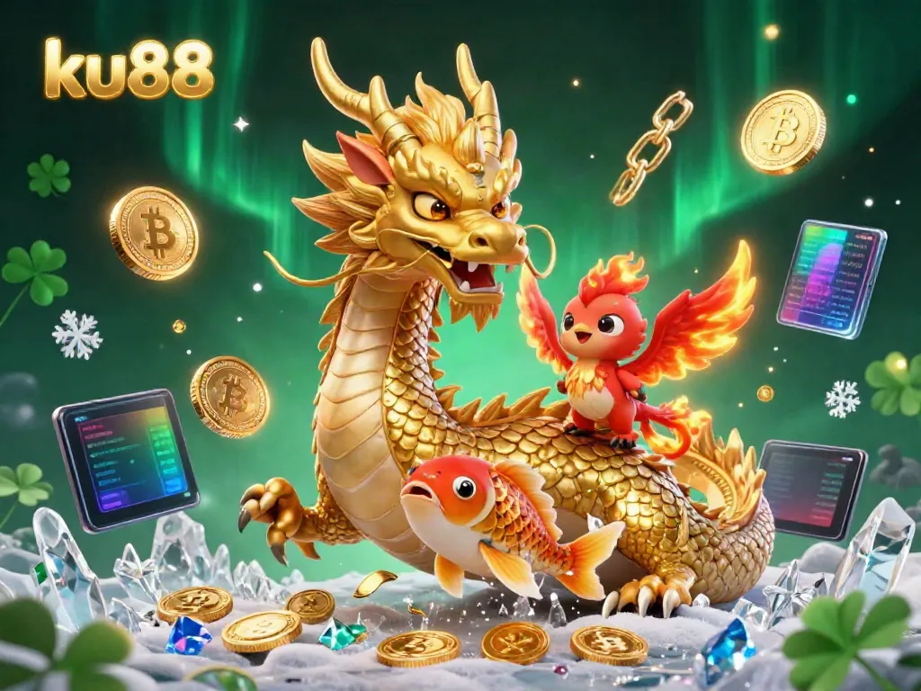 Play exciting games at ku88 with a dynamic scene featuring a golden dragon, phoenix, and koi fish amid coins.
