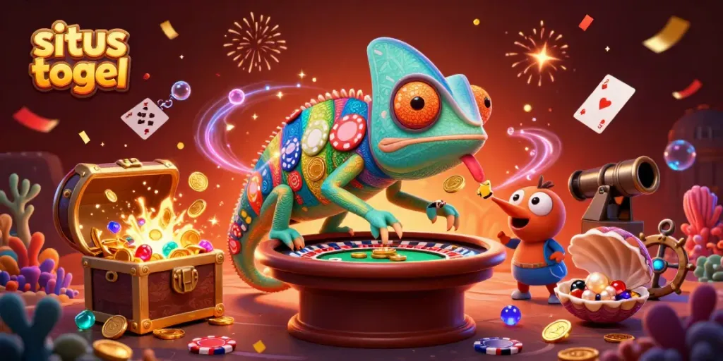 Engage in the vibrant world of situs togel with a colorful chameleon casino owner amid thrilling gaming elements.
