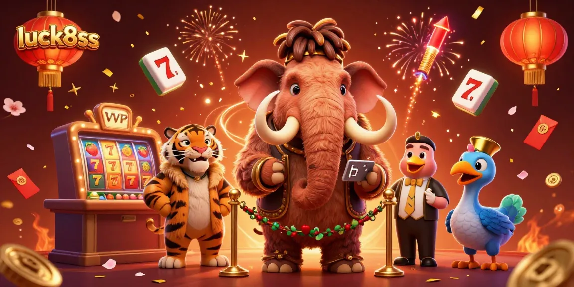 Experience luck8ss at the vibrant casino with a mammoth bouncer, exciting slot reels, and festive decor.