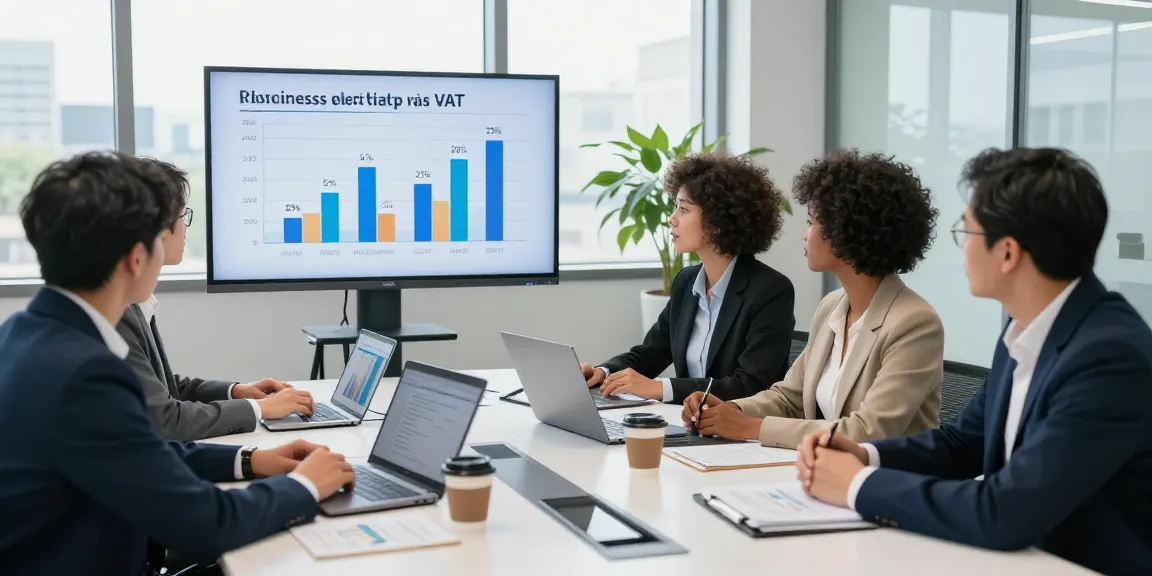 Finance professionals discussing the business electricity VAT rate in a modern office setting.