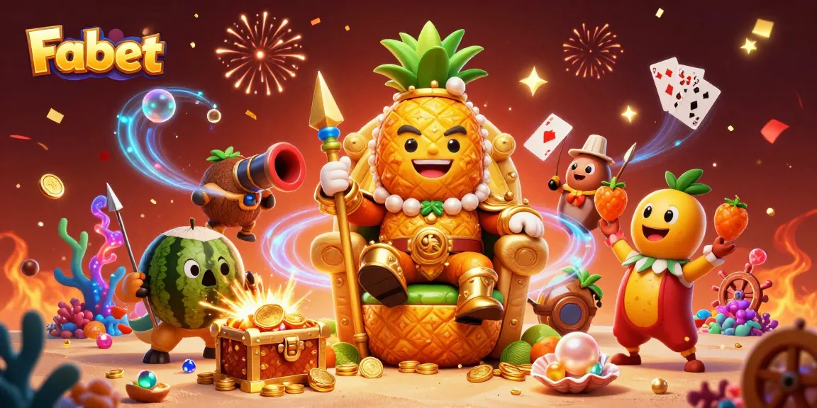 Experience the excitement at Fabet with a vibrant casino scene featuring a golden pineapple king and underwater treasures.