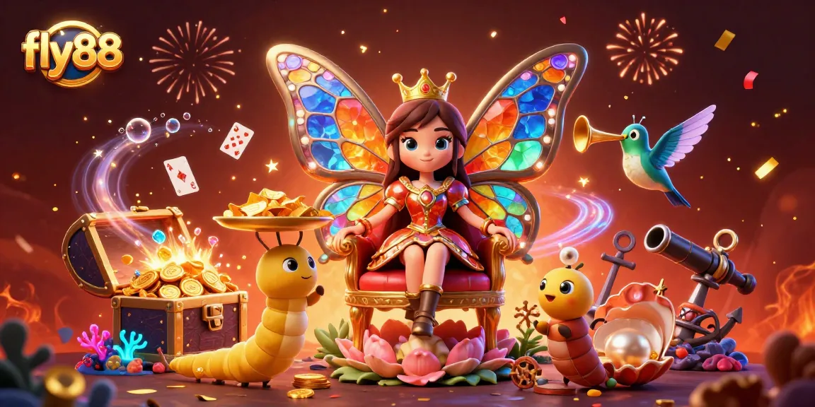 Experience the excitement of fly88 as the butterfly queen presides over a vibrant casino scene filled with treasures.