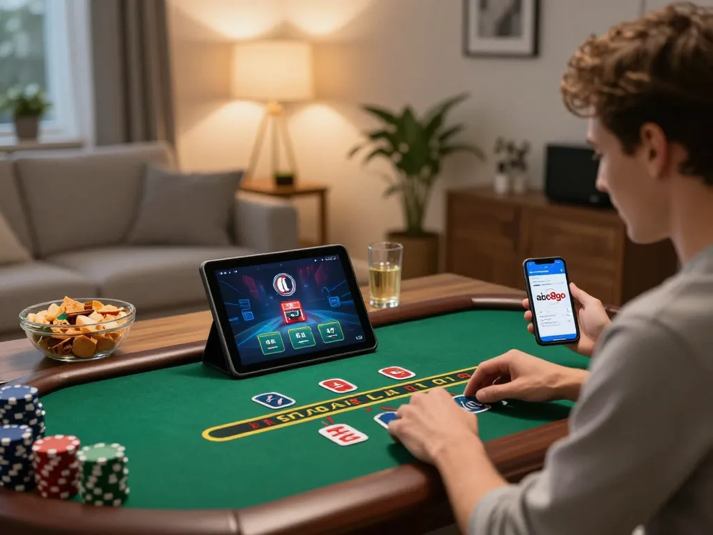Engaging in live dealer game on abc8go app in a cozy living room setting.