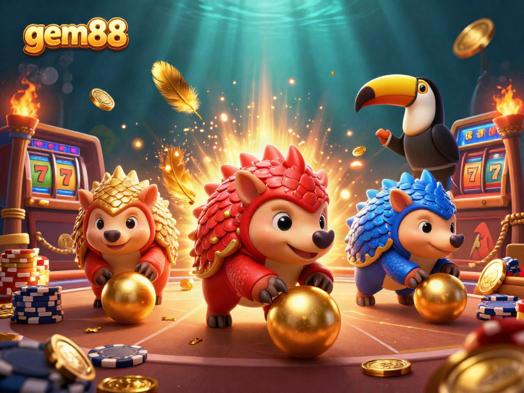 Experience thrilling moments at gem88 as our rival pangolins compete for casino glory in a vibrant, action-packed scene.