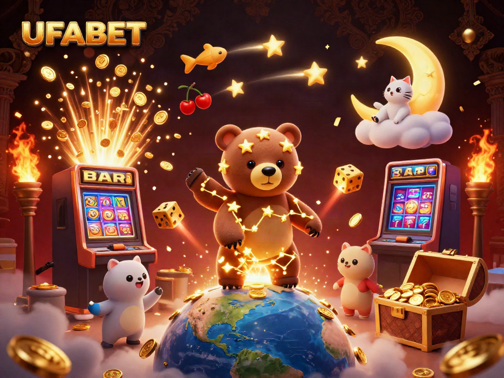 Experience the thrill of UFABET with vibrant cartoon characters celebrating casino games.