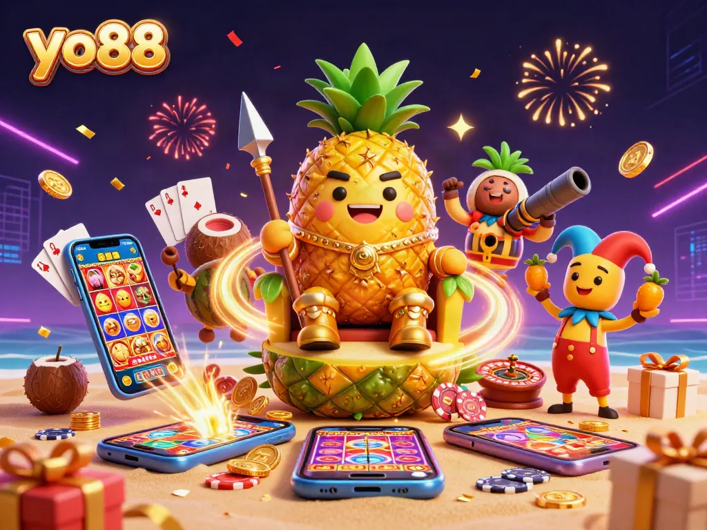 Engage in high-stakes fun at yo88's vibrant beach casino with characters and game elements.
