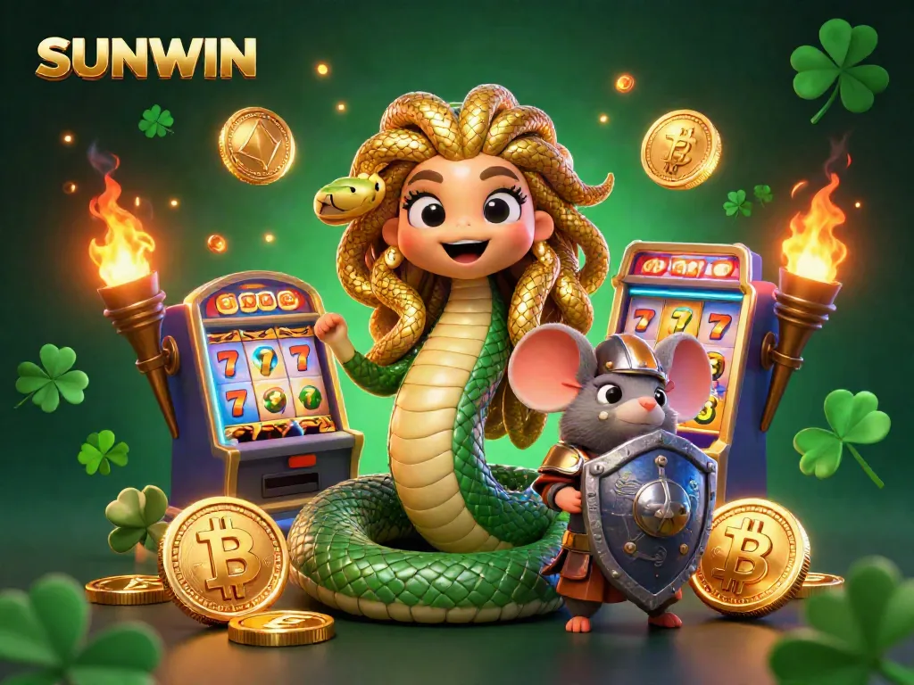 Experience winning moments with SUNWIN in a vibrant 3D gaming illustration featuring Medusa and a warrior mouse.
