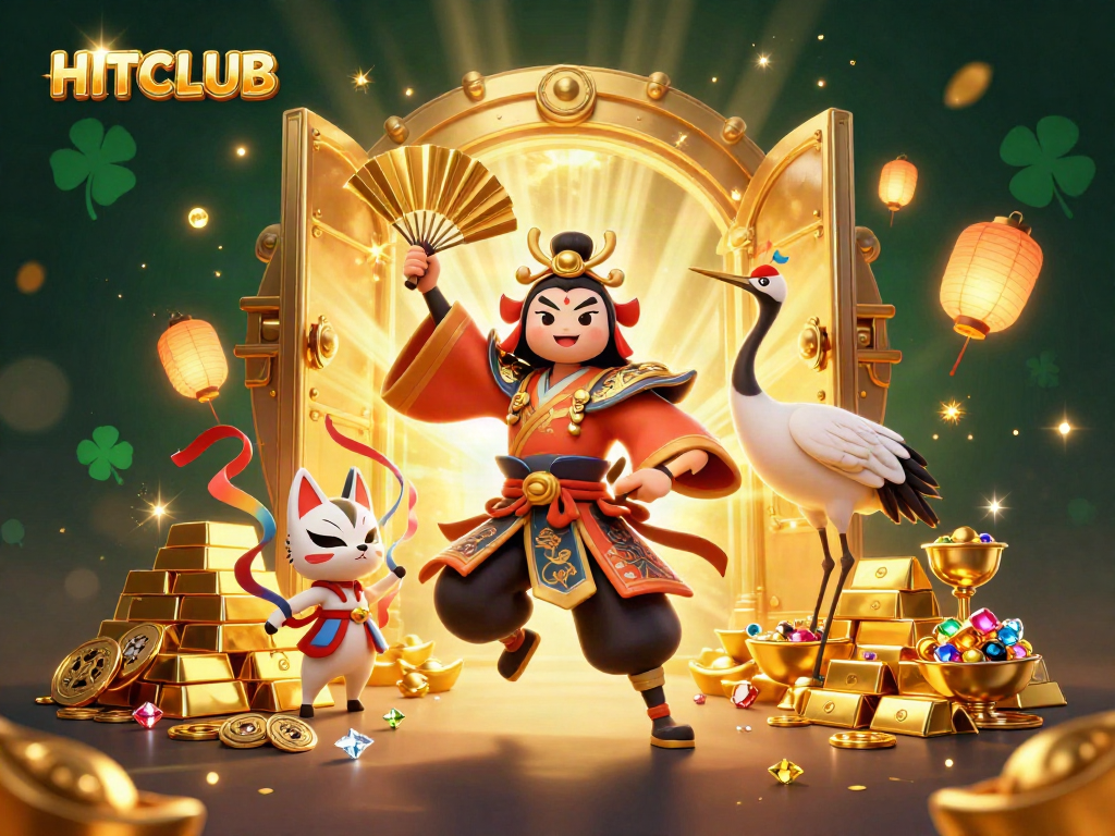 HITCLUB - Engaging 3D casino scene featuring a kabuki warrior and kitsune mask amidst treasure vaults and gems.