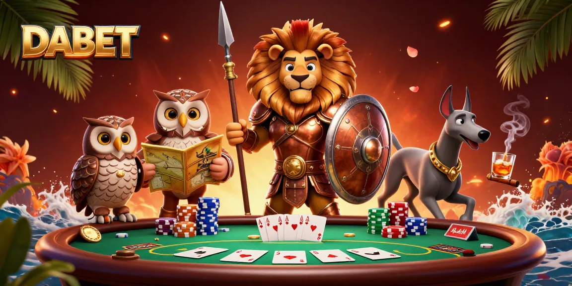 Experience DABET's thrilling poker scene with a Spartan lion, owl strategist, and greyhound messenger.