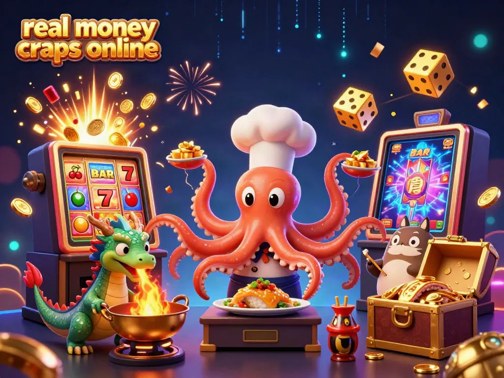 Experience real money craps online with a 3D sushi chef octopus and dragon, bursting with casino elements.