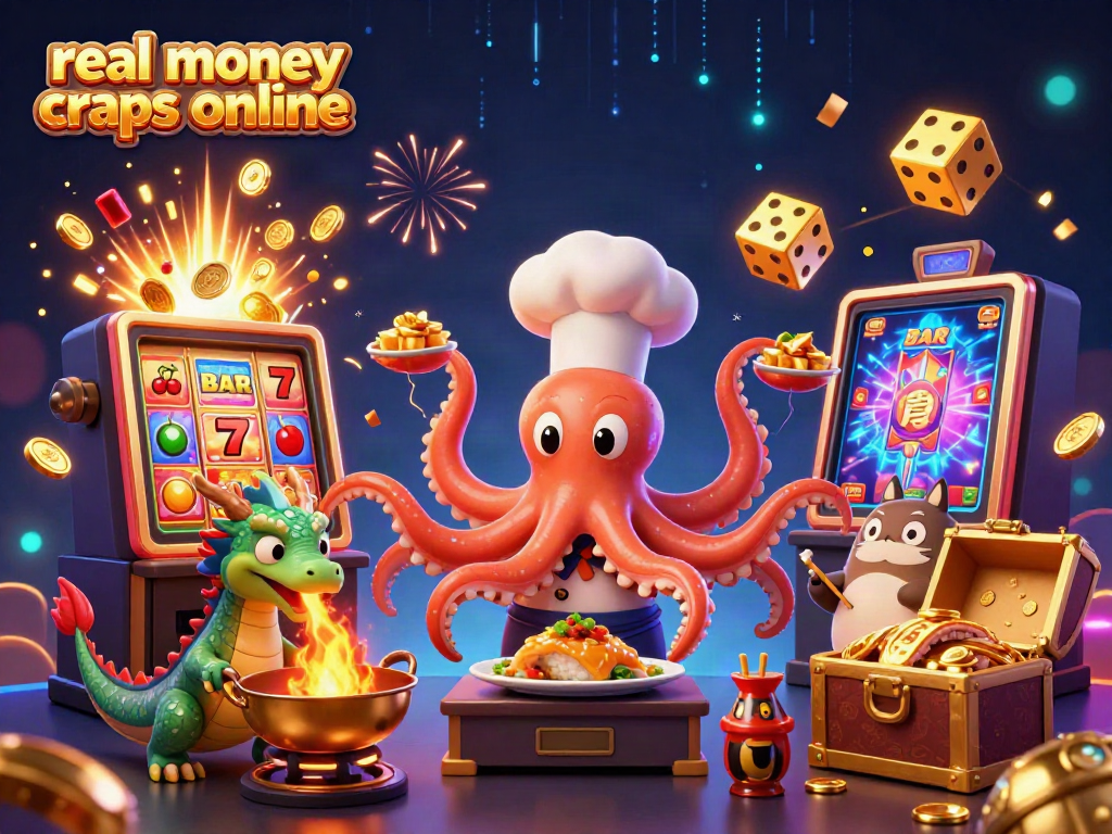 Experience real money craps online with a 3D sushi chef octopus and dragon, bursting with casino elements.